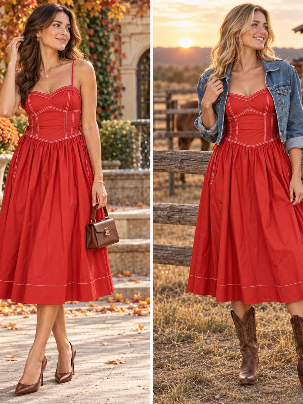Free Assembly Brick Red Contrast Stitch Corset Midi Dress Small NWOT